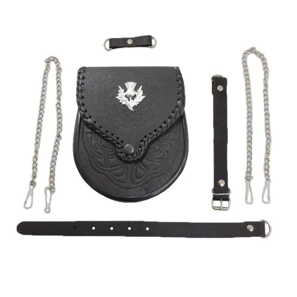 4322 Authentic Black Leather Scottish Kilt Sporran & Belt Embossed